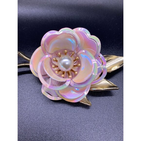 Estate Jewelry - Enamel Flower Brooch Iridescent Pink With Gold-Tone Leaves Faux Pearl Center